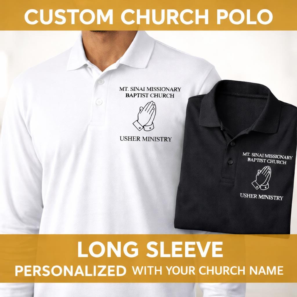 Custom Church Polo Shirt, Long Sleeve Church Shirt, Usher Ministry Polo, Personalized Church Name Shirt, Christian Apparel, Black White Polo
