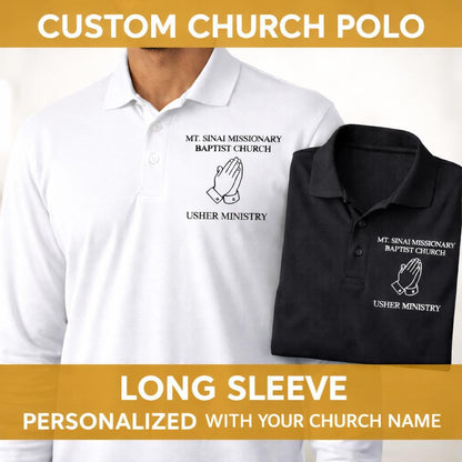 Custom Church Polo Shirt, Long Sleeve Church Shirt, Usher Ministry Polo, Personalized Church Name Shirt, Christian Apparel, Black White Polo