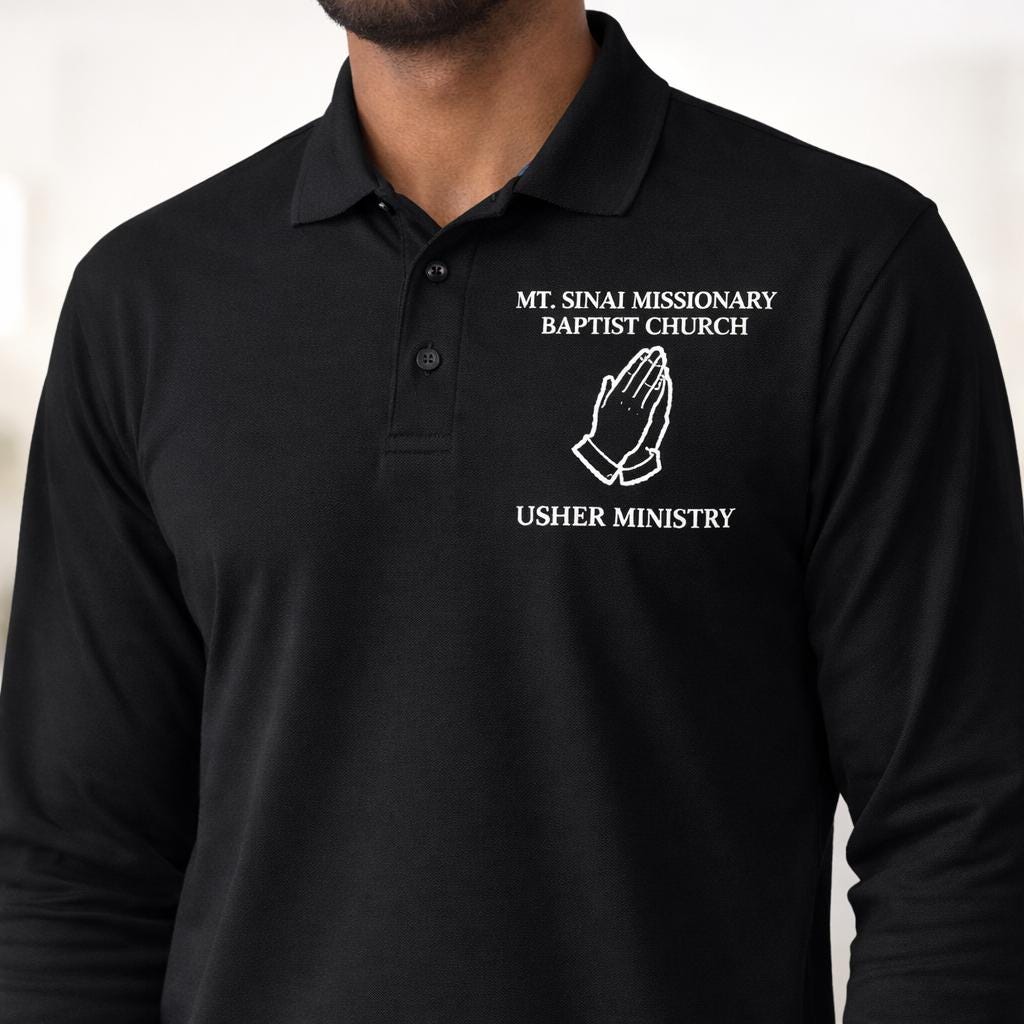 Custom Church Polo Shirt, Long Sleeve Church Shirt, Usher Ministry Polo, Personalized Church Name Shirt, Christian Apparel, Black White Polo
