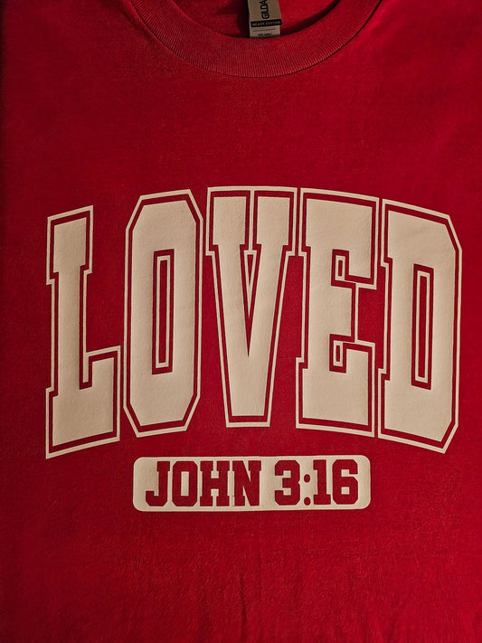 LOVED JOHN 3 16 RED SHORT SLEEVED T SHIRT